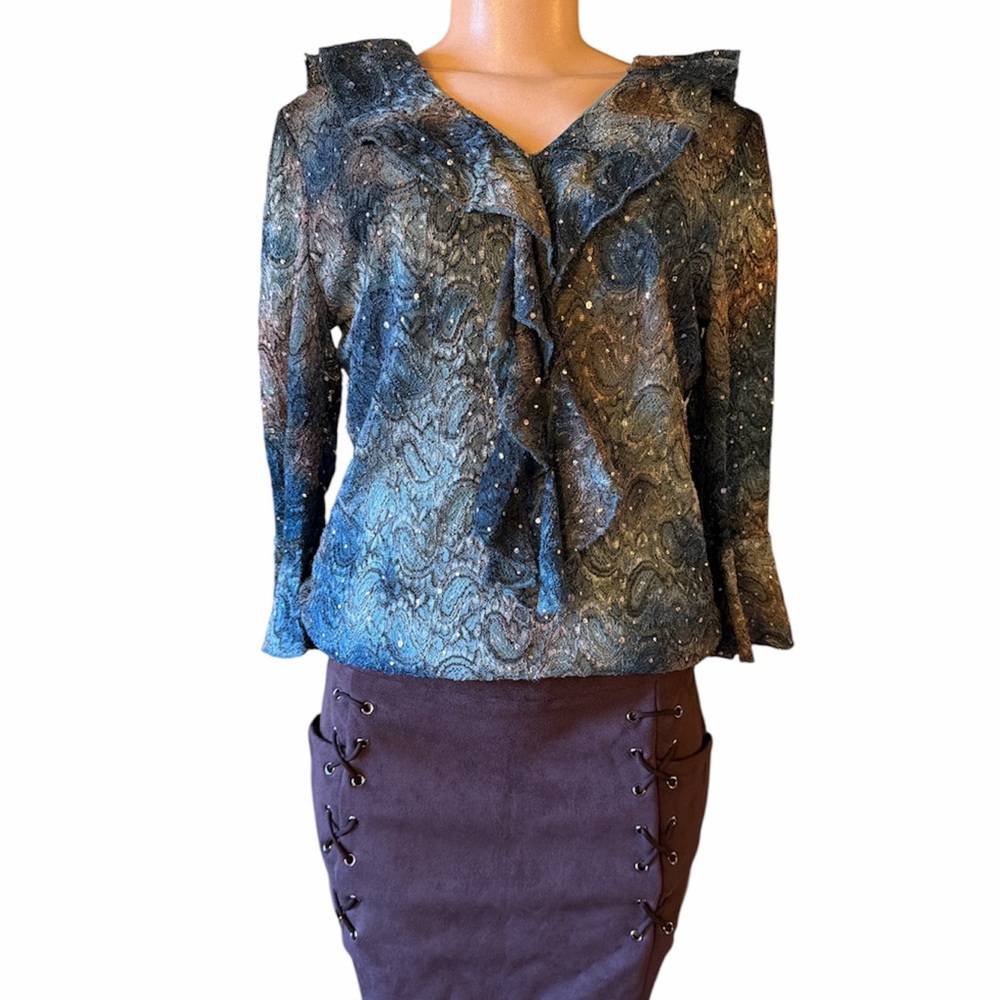Y2K ruffle grunge fairy mixed media blouse moss core sz medium